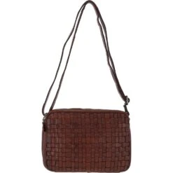 3 Section Vintage Woven Leather Shoulder Bag Cognac : D-71