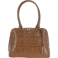 Crocodile Print Zip Around Leather Tote Bag Tan: C-53