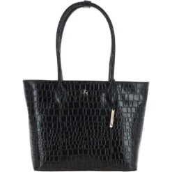 Leather Crocodile Print Shopper Bag Black: C-56