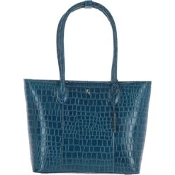 Leather Crocodile Print Shopper Bag Teal: C-56
