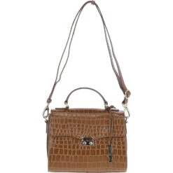 Leather Crocodile Print Shoulder Bag Tan: C-55