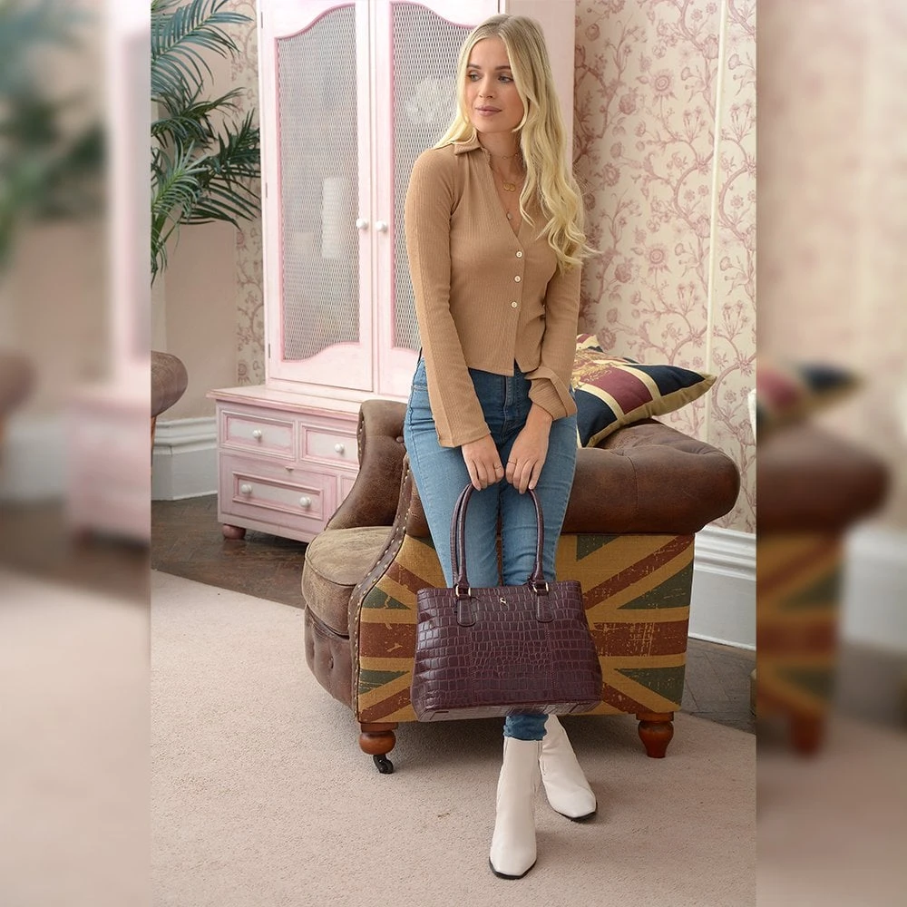 Leather Crocodile Print Two Section With Mid Purse Bag Bordeaux: C-54 4 Leather Crocodile Print Two Section With Mid Purse Bag Bordeaux: C-54 - Image 2