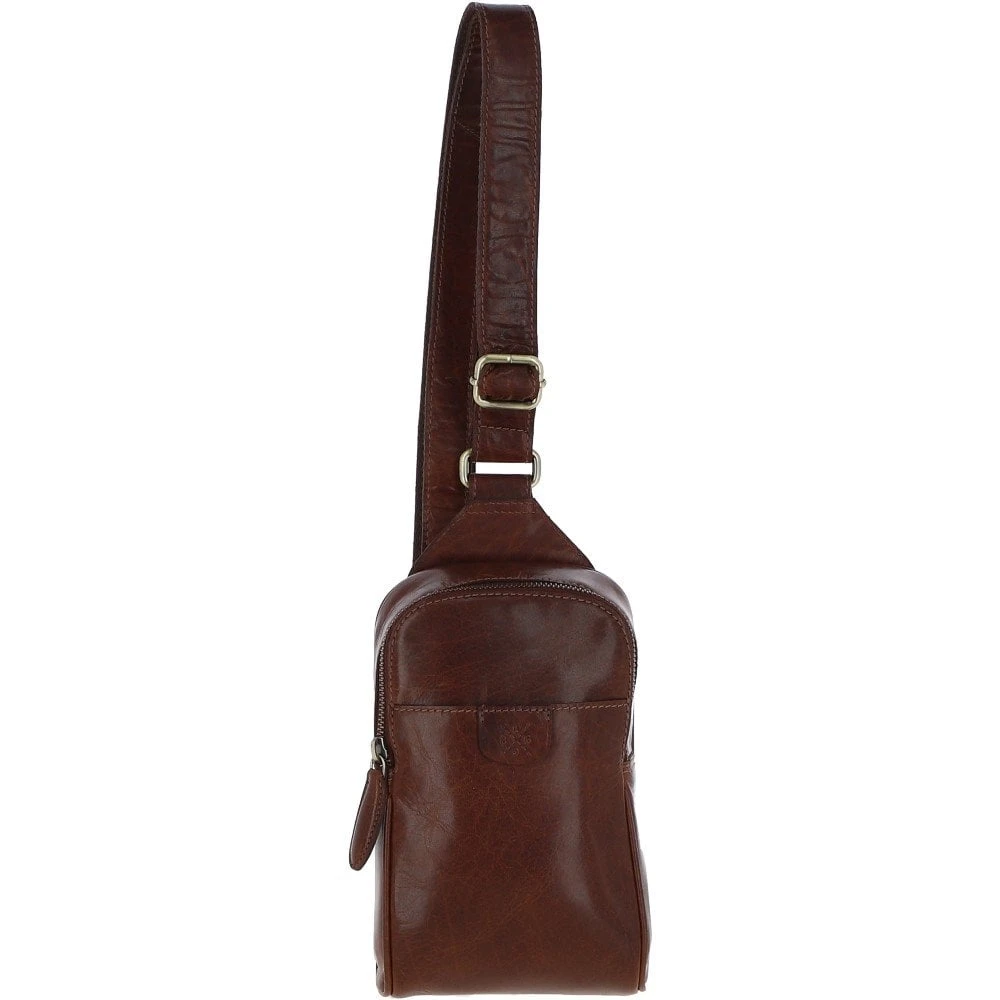 Three Pocket Leather Sling Bag - Chestnut Tan: T-75 3 Three Pocket Leather Sling Bag - Chestnut Tan: T-75