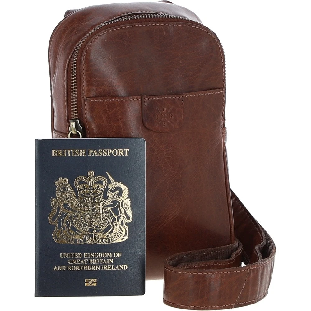 Three Pocket Leather Sling Bag - Chestnut Tan: T-75 4 Three Pocket Leather Sling Bag - Chestnut Tan: T-75 - Image 2