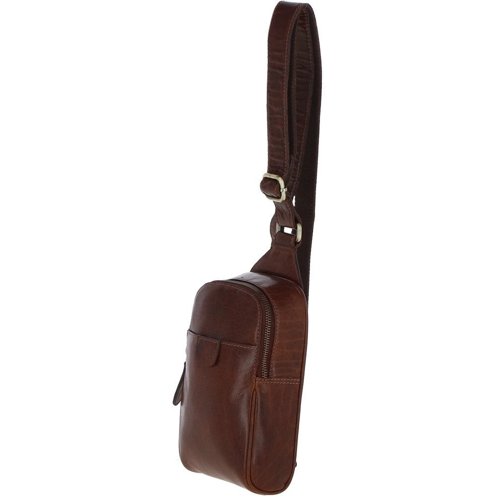 Three Pocket Leather Sling Bag - Chestnut Tan: T-75 5 Three Pocket Leather Sling Bag - Chestnut Tan: T-75 - Image 3