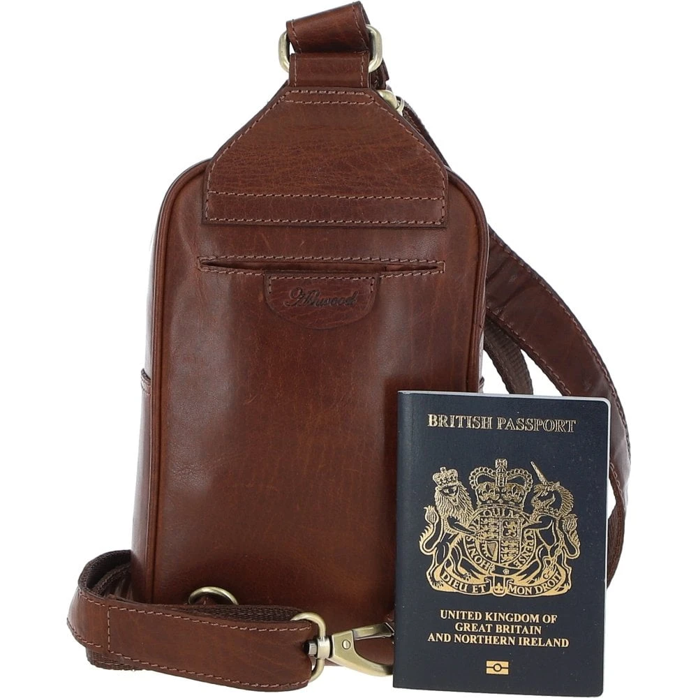 Three Pocket Leather Sling Bag - Chestnut Tan: T-75 6 Three Pocket Leather Sling Bag - Chestnut Tan: T-75 - Image 4