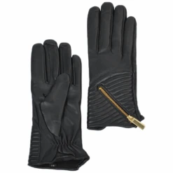Zip And Stitch Detail Leather Gloves Black : 373
