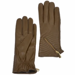 Zip And Stitch Detail Leather Gloves Taupe : 373