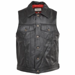 Four Pocket Sleeveless Leather Biker Jacket Black : Crusader