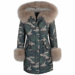 Hooded Toscana Tipped Military Parka With Detachable Fur Trim Lining Khaki/beige : Kaylee