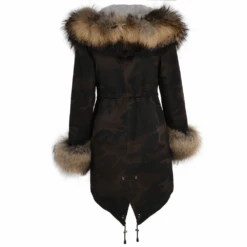 Hooded Toscana Tipped Military Parka With Detachable Fur Trim Lining Khaki Green/ Brown : Kaylee -Luxe Style Central hooded toscana tipped military parka with detachable fur trim lining khaki green brown kaylee p1430 6254 image