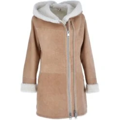 Ladies Hooded Sheepskin Coat Tan : Amber