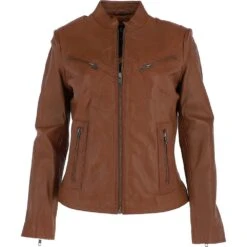 Ladies Leather Biker Jacket Tan : Enya
