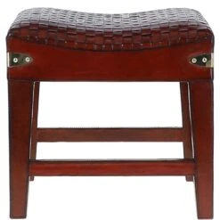 Leather Covered Wood Frame Vintage Woven Leather Stool Chestnut: TBZ -Luxe Style Central leather covered wood frame vintage woven leather stool chestnut tbz p7659 27629 image