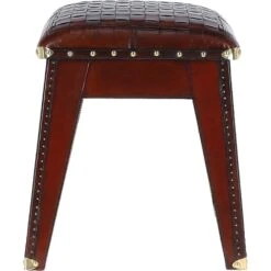 Leather Covered Wood Frame Vintage Woven Leather Stool Chestnut: TBZ1UCO643