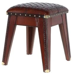 Leather Covered Wood Frame Vintage Woven Leather Stool Chestnut: TBZ1UCO643 -Luxe Style Central leather covered wood frame vintage woven leather stool chestnut tbz1uco643 p7684 27791 image