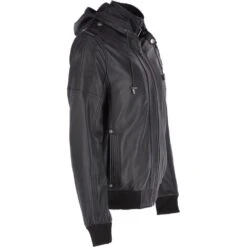 Leather Hooded Bomber Jacket Black : Addison -Luxe Style Central leather hooded bomber jacket black addison p943 13189 image