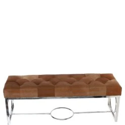 Luxury Hair-on Cowhide Quilted Bench With Chrome Stainless Steel Frame Tan: AGC-1920 -Luxe Style Central luxury hair on cowhide quilted bench with chrome stainless steel frame tan agc 1920 p7660 27687 image