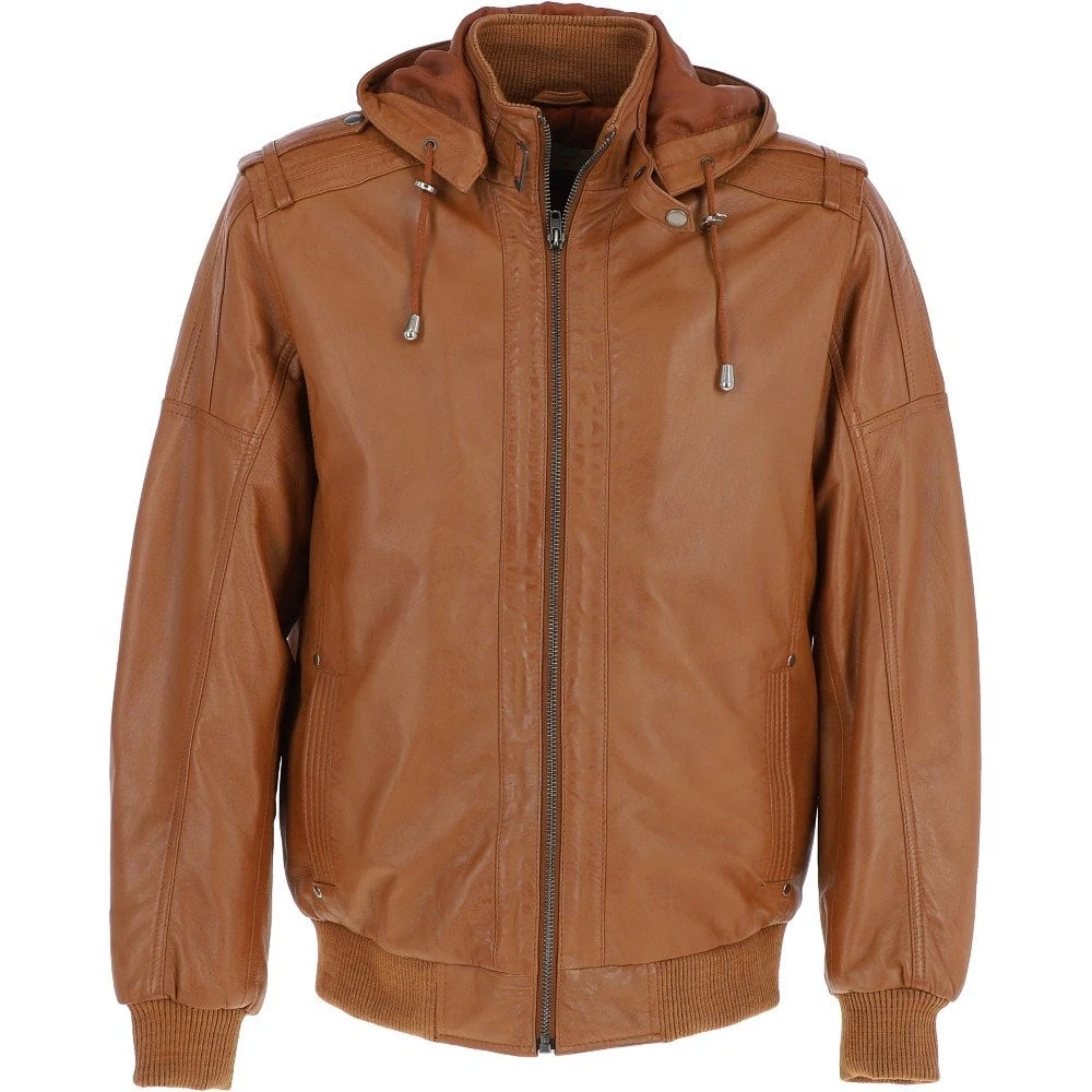Men's Leather Hooded Bomber Jacket Tan: Addison 3 Men's Leather Hooded Bomber Jacket Tan: Addison