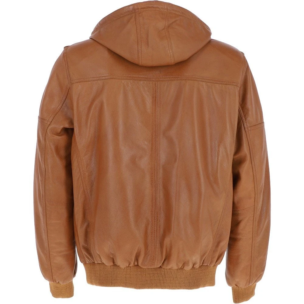 Men's Leather Hooded Bomber Jacket Tan: Addison 5 Men's Leather Hooded Bomber Jacket Tan: Addison - Image 3