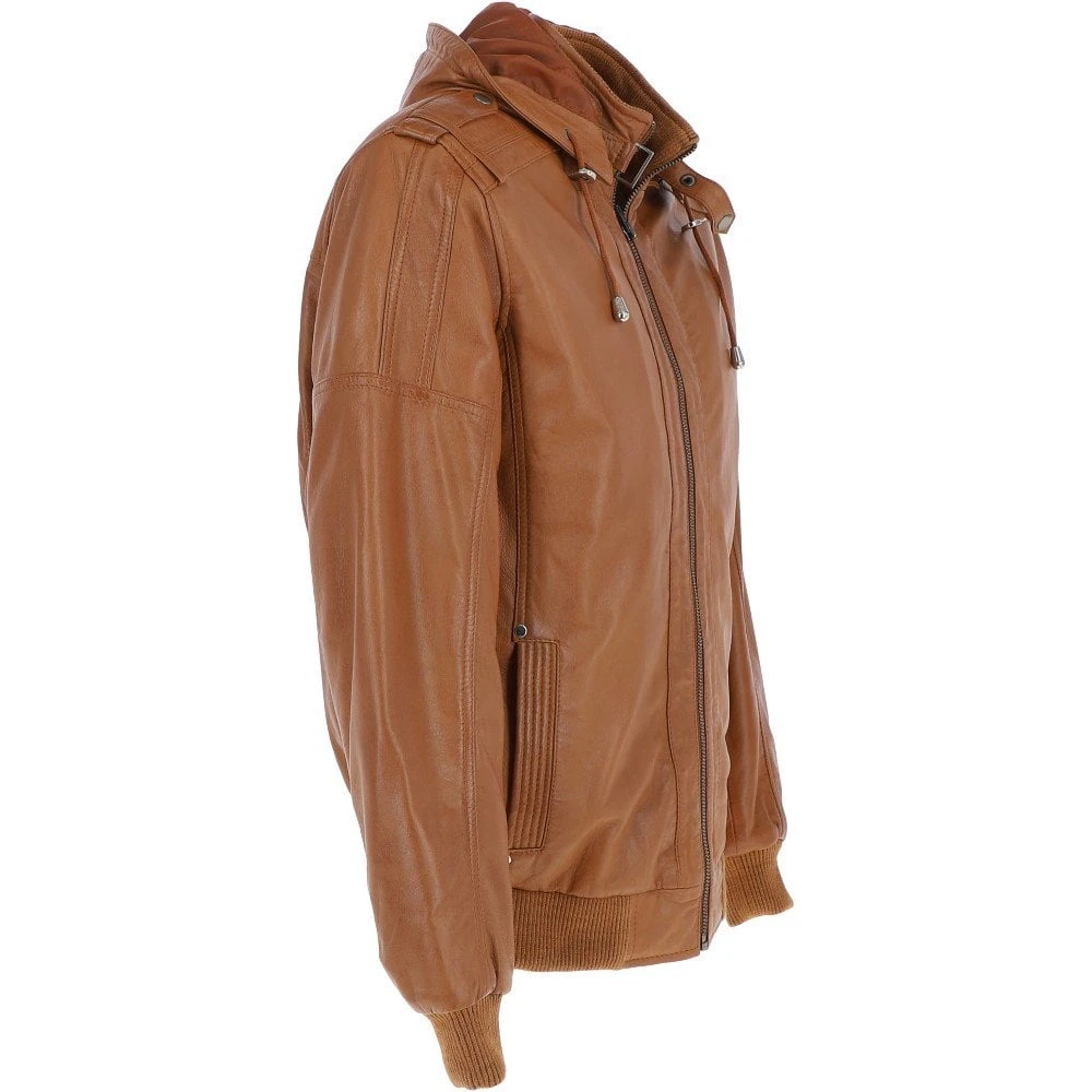 Men's Leather Hooded Bomber Jacket Tan: Addison 6 Men's Leather Hooded Bomber Jacket Tan: Addison - Image 4