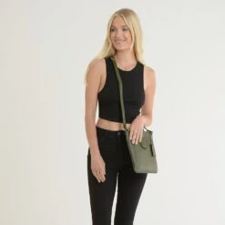 Tab Small Zip Top Leather Cross Body Bag Military Green -Luxe Style Central tab small zip top leather cross body bag military green p4337 23115 image