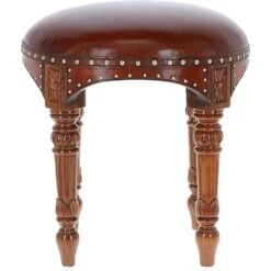 Vintage Wooden Leather Stool Chestnut: TBZ1UCO669
