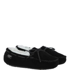 Women's Classic Suede Sheepskin Moccasin Slippers Black/White : Ladies Moccasins -Luxe Style Central womens classic suede sheepskin moccasin slippers black white ladies moccasins p4050 17368 image