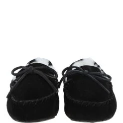 Women's Classic Suede Sheepskin Moccasin Slippers Black/White : Ladies Moccasins -Luxe Style Central womens classic suede sheepskin moccasin slippers black white ladies moccasins p4050 17369 image