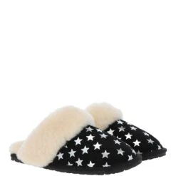 Women's Classic Suede Sheepskin Slippers Black/Silver: Fen-Ladies -Luxe Style Central womens classic suede sheepskin slippers black silver fen ladies p4038 17300 image
