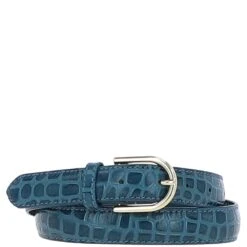 Women's Croc Print Leather Belt With Gold Metal Pin Buckle Teal: C-99