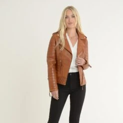 Women's Leather Biker Jacket Tan: Targaryen -Luxe Style Central womens leather biker jacket tan targaryen p3436 23019 image
