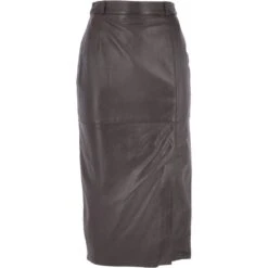 Women's Long 31 Inch Leather Skirt With Open Front Slit Brown : Sandra Skirt
