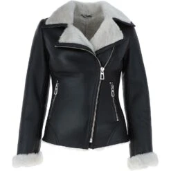 Womens Luxury Shearling Jacket Black/white: Alayna