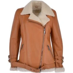 Womens Luxury Side Zip Sheepskin Pilot Jacket Tan : Caitlin