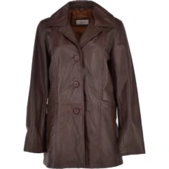 Womens Single Breasted Leather Coat Mid Brown/app : Eileen