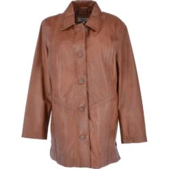 Womens Single Breasted Oversized Leather Coat Cognac/app: Fiona