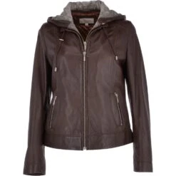 Womens Two-In-One Leather Hooded Jacket Mid Brown : Malmo