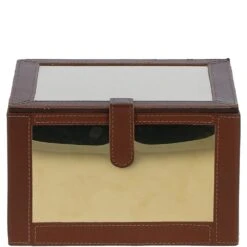 Wood And Aluminium Mirror Storage Box With Tan Leather Trim: AGC1856